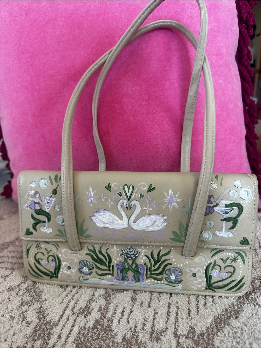 Vintage MNG Hand Painted Vegan Leather Mermaid Swan Art Bag